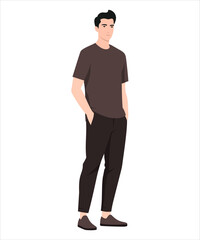 Vector illustration of a man wearing an olive t-shirt and tight black pants, creating a stylish and minimalist look. And simply give an onion