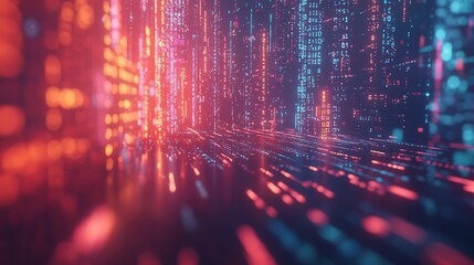 Futuristic digital landscape with glowing data streams.