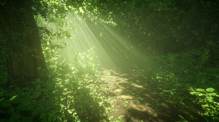 Obraz premium Tranquil Ray Tracing Fengshui Concept Art Depicting a Serene Hiking Trail in a Verdant Forest with Sunlight Peeking Through Trees