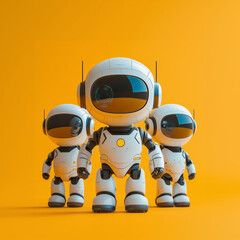 Three identical futuristic robots standing on an orange background, symbolizing AI development and technological progress.