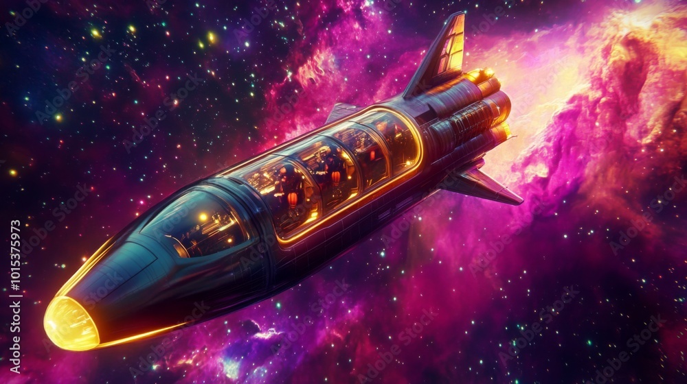 Poster a sleek, advanced rocket glides through a colorful expanse of space, surrounded by swirling nebulae 