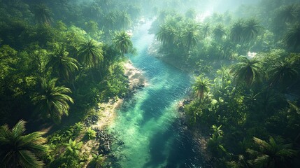 Obraz premium Lush tropical landscape with a winding river.