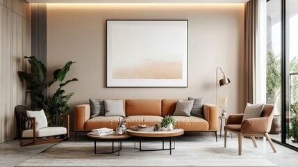 Fototapeta premium Realistic interior wall poster mockup featuring an A-sized ISO frame. The living room setting boasts a modern design with a cozy homey background.