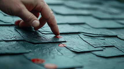 A hand is touching a roof with a red dot on it
