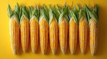 Obraz premium A cluster of corn cobs stacked atop one another on top of a yellow table alongside each other