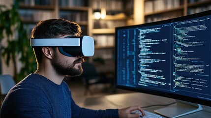 In a dark office environment, a man with a beard explores virtual reality through a headset, interacting with digital screens while working on a laptop, showcasing modern gaming technology.