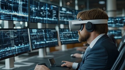 In a dark office environment, a man with a beard explores virtual reality through a headset, interacting with digital screens while working on a laptop, showcasing modern gaming technology