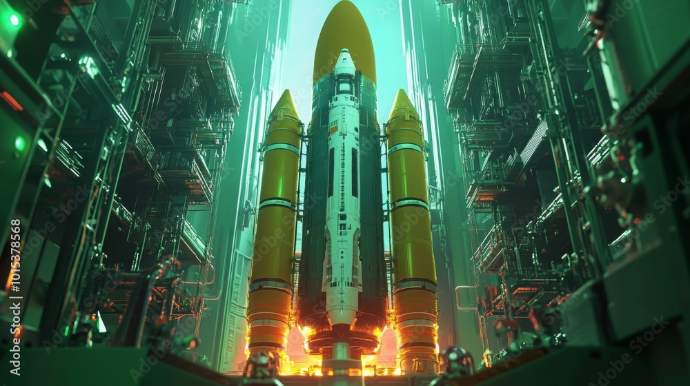 Poster a highly advanced rocket stands poised for launch within a sleek, cutting-edge facility, illuminated
