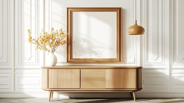 An empty wooden frame stands on a white wall in a Parisian interior, complemented by a wood sideboard, yellow accents, and a bright flower vase under natural light