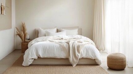 The room showcases a stylish bed with white linens and decorative pillows, complemented by a textured rug and natural plants