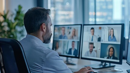 Remote work: Business professional video calls and collaborates with team on online briefing.