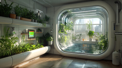 Obraz premium Futuristic Hydroponic System in a Container House for Sustainable Living
