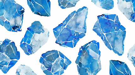 Naklejka premium Watercolor illustration of icy blue crystals on a white background. Concept of winter elements, gemstone texture, abstract pattern, and nature-inspired decoration