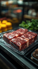 "Grocery Store Meat Counter with Plastic Packaging"