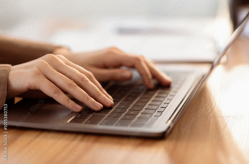 Poster Working At Laptop Pc. Close up image of female hands typing text or programming code using computer at home