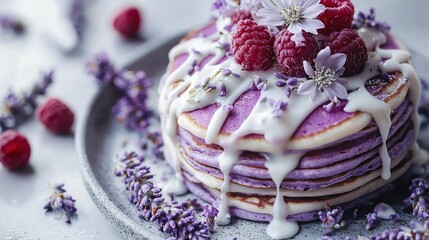 Fototapeta premium Stack of fluffy pancakes adorned with ripe raspberries, whipped cream, and iced drizzle, garnished with vibrant flowers