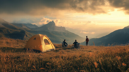 Autumn Camping Adventure in the Mountains With Friends Surrounded by Breathtaking Views and a Warm Golden Sunset
