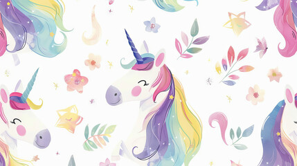 Whimsical Unicorns with Rainbow Manes and Flowers in a Dreamy Watercolor Setting. Concept of Fantasy, Imagination, and Enchantment, Magical Horses. Background