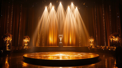 Obraz premium A dazzling stage with a spotlight shining on a trophy. This luxurious setting is perfect for a glamorous event, like a wedding or a special celebration.