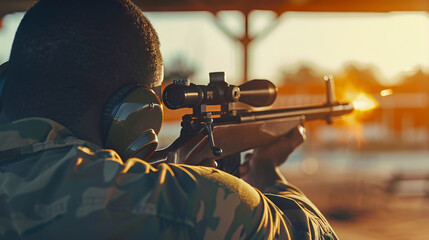 African American Man in Protective Earmuffs Shooting Target with Precision Rifle at Sunset. Concept of Focus, Outdoor Sport, Firearm Training. Copy space