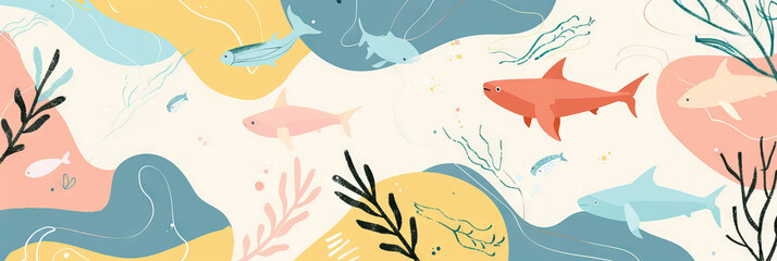 Colorful Abstract Ocean Scene with Fish and Waves in Pastel Tones - Concept of Marine Life, Ocean Animals, Sea, Artistic Expression, and Tranquility. Cute cartoon illustration. Banner. Background