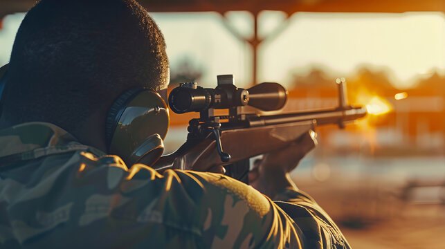 African American Man in Protective Earmuffs Shooting Target with Precision Rifle at Sunset. Concept of Focus, Outdoor Sport, Firearm Training. Copy space