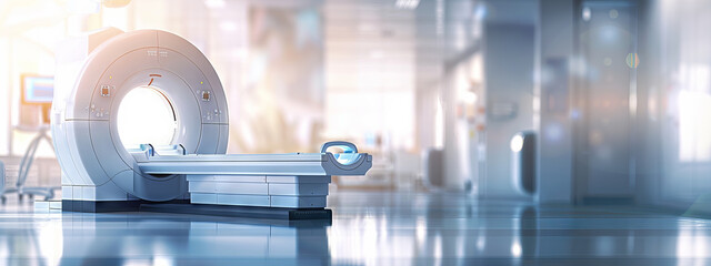 Modern CT Scanner in Bright Medical Room with Advanced Technology for Accurate Diagnoses and Healthcare Innovation. Concept of Healthcare, Diagnostic Equipment, tomography. Copy space. Banner