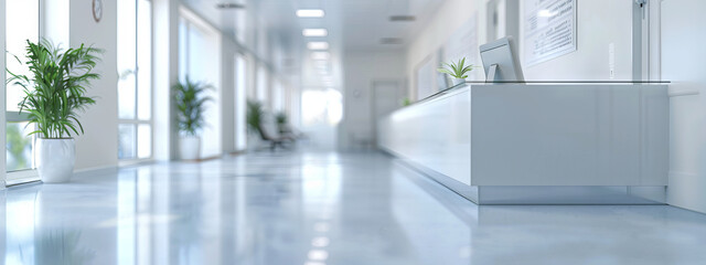 Fototapeta premium Spacious and Bright Blurred Hospital Reception with Modern Design Features. Concept of Healthcare Environment, Clean Spaces, and Welcoming Atmosphere. Banner. Copy space
