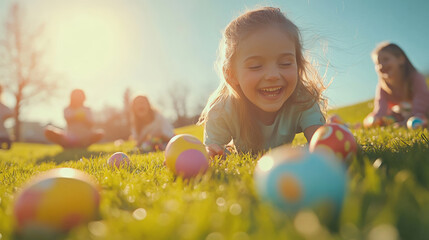 Children Enjoying Easter Egg Hunt Outdoors on a Sunny Day