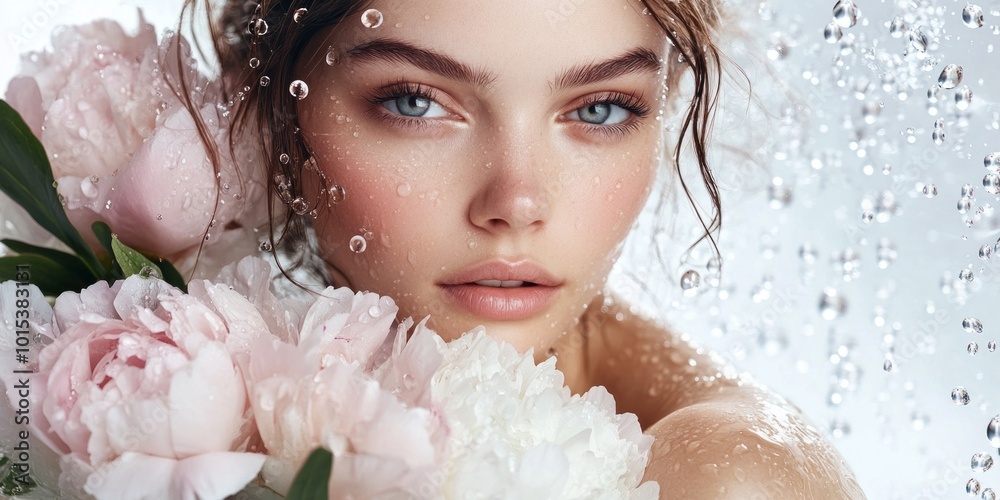 Wall mural A close-up portrait of a young woman with beautiful features, surrounded by soft flowers. The style is dreamy and ethereal. Perfect for beauty and floral themes. AI