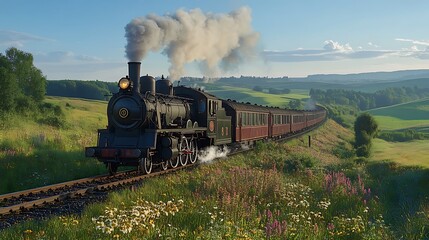 Naklejka premium A vintage steam train travels along a hill with green hills and blue sky skylights in the background