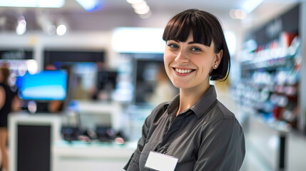 Young female sales consultant with blank name badge in electronics store. Concept of retail sales, friendly customer service, technology products, copy space