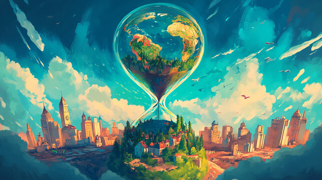 "A conceptual illustration featuring the world inside an hourglass, symbolizing the passage of time and its impact on global events."






