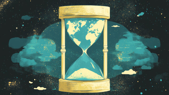 "A conceptual illustration featuring the world inside an hourglass, symbolizing the passage of time and its impact on global events."






