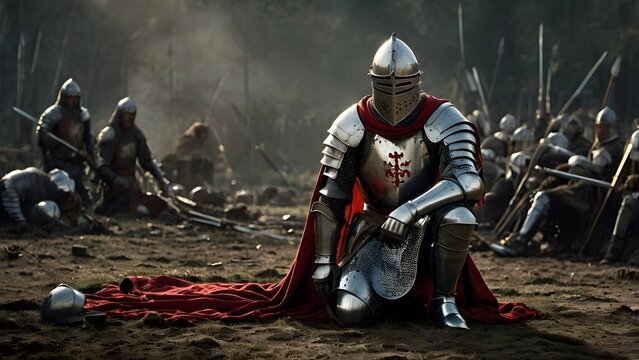 Knight in Full Armor Kneeling in Prayer Amidst a Battlefield ,Symbol of Honor, Sacrifice, and Medieval Warfare