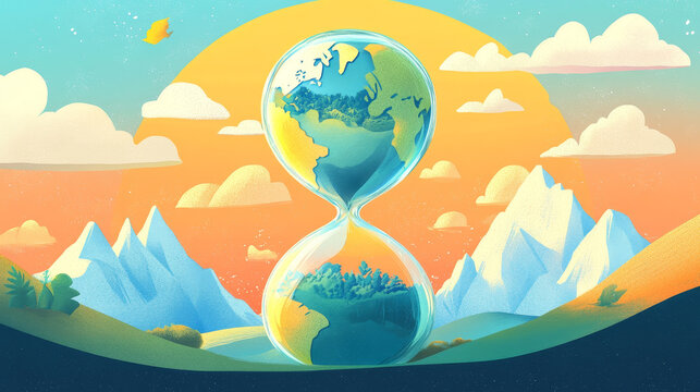 "A conceptual illustration featuring the world inside an hourglass, symbolizing the passage of time and its impact on global events."






