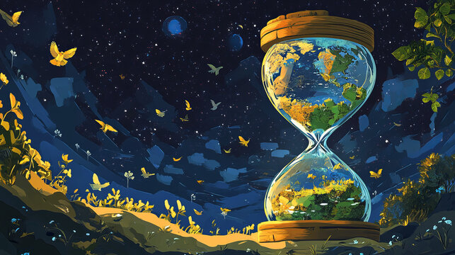 "A conceptual illustration featuring the world inside an hourglass, symbolizing the passage of time and its impact on global events."






