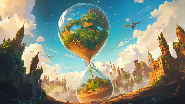 "A conceptual illustration featuring the world inside an hourglass, symbolizing the passage of time and its impact on global events."






