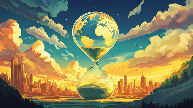 "A conceptual illustration featuring the world inside an hourglass, symbolizing the passage of time and its impact on global events."






