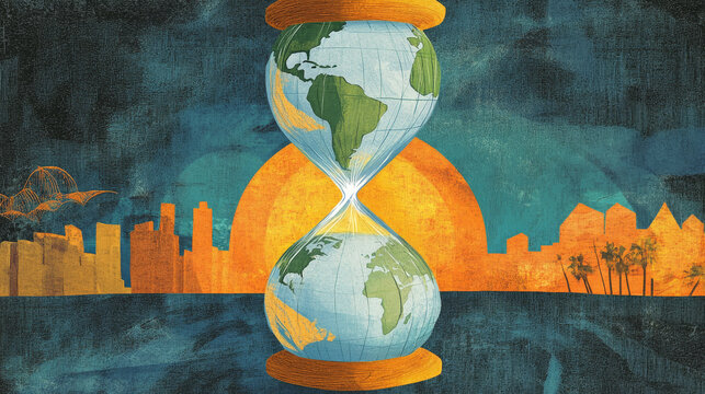 "A conceptual illustration featuring the world inside an hourglass, symbolizing the passage of time and its impact on global events."






