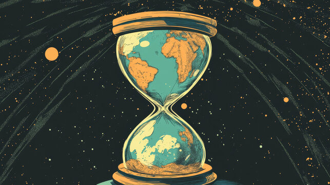 "A conceptual illustration featuring the world inside an hourglass, symbolizing the passage of time and its impact on global events."






