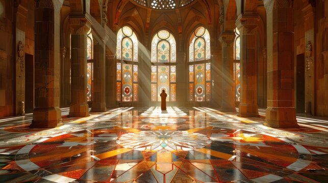 An image of a figure in a large hall with stained glass windows. Golden and orange tones create an atmosphere of grandeur and light, highlighting themes of spirituality and architectural art.