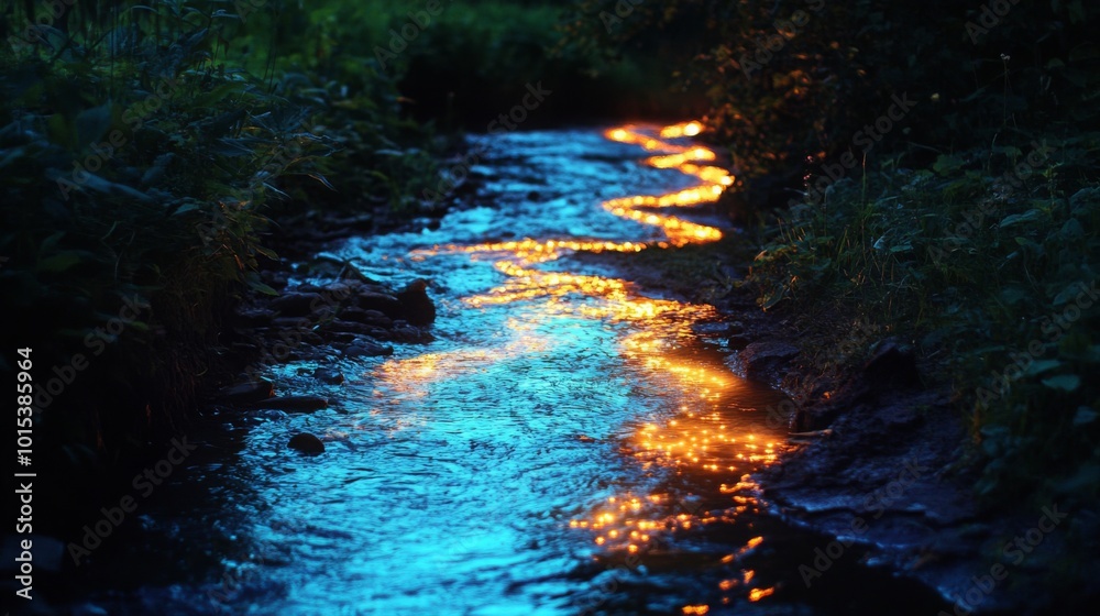 Aufkleber the gently curving creek glimmers with golden reflections as twilight descends, creating a peaceful 