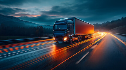 Truck driving on a nighttime highway with motion blur from car headlights, creating light trails--depicting a futuristic, high-speed logistics scene