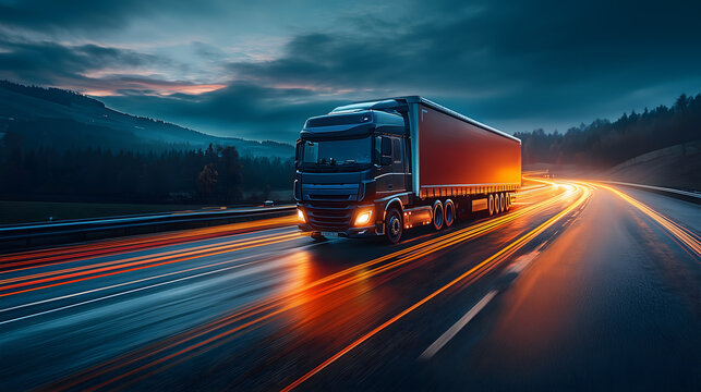 Truck driving on a nighttime highway with motion blur from car headlights, creating light trails--depicting a futuristic, high-speed logistics scene