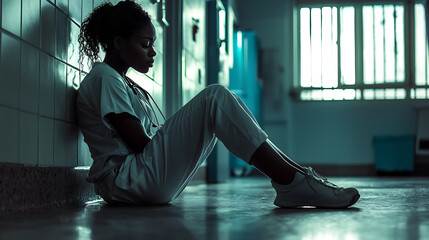Overworked, burnt out, depressed and tired black woman nurse sits on hospital floor