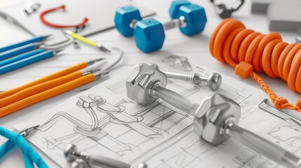 A vibrant composition of fitness equipment, such as dumbbells and jump ropes, placed alongside design tools on a desk with architectural sketches. The image captures a fusion of health and creativity