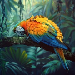 Fototapeta premium A colorful parrot is resting on a branch in a lush green forest