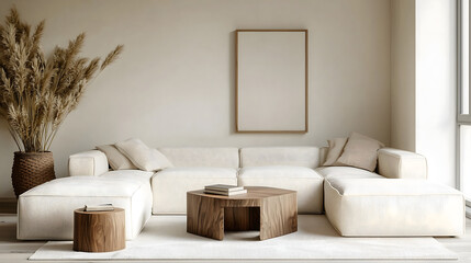 Interior design of modern living room interior with white boucle modular sofa, wooden coffee table, cube, mock up poster frame, furnitures and elegant decoration. Template. Home decor