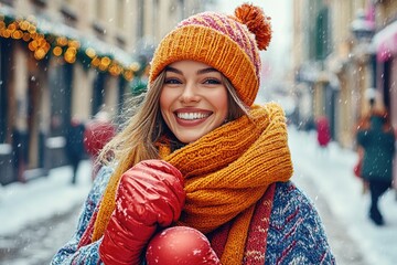 Smiling woman in cozy winter attire enjoying snowfall in charming urban street